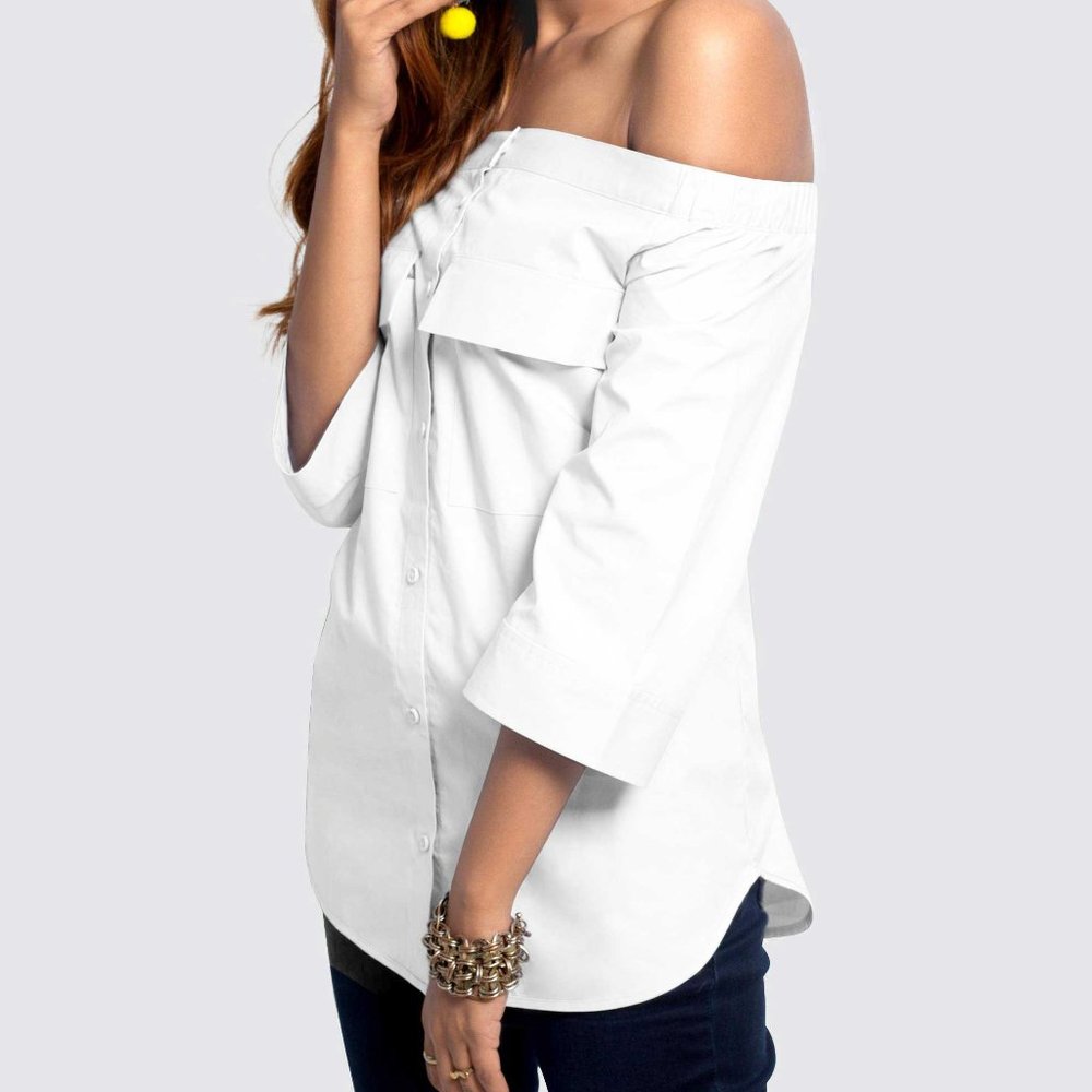 OLGYN Women White Top off Shoulder 2 Front Pockets - Picture 3 of 5